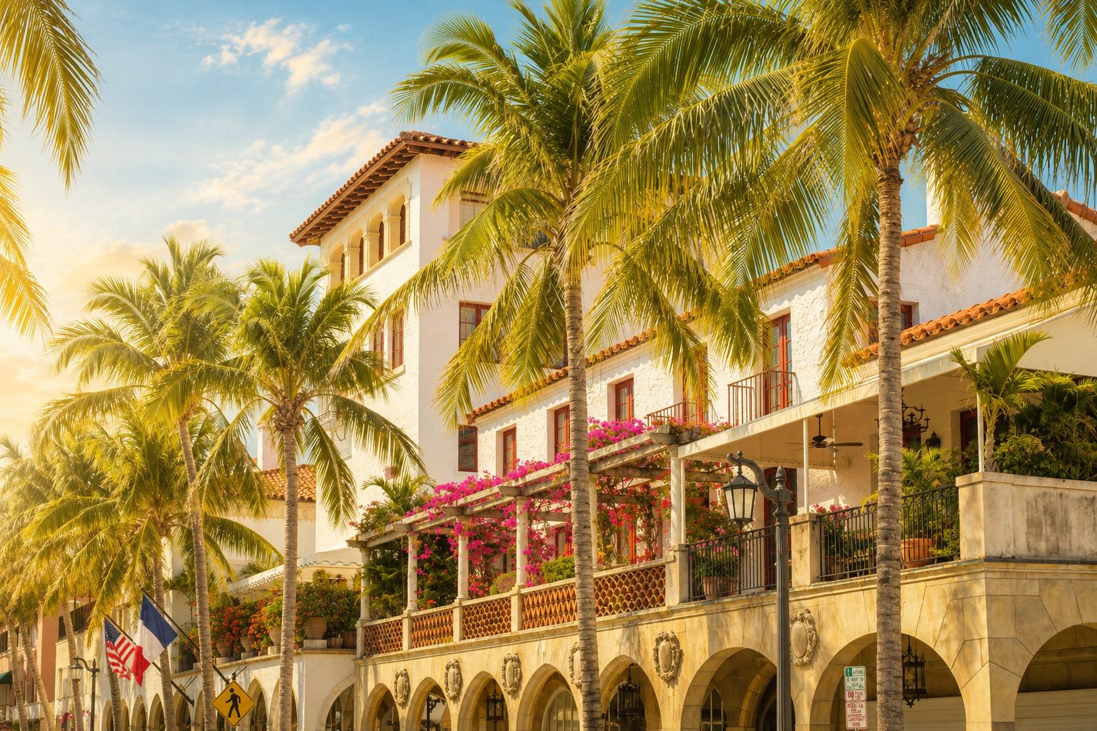 Historic Mediterranean-style building framed by palms and bougainvillea at golden hour, evoking Palm Beach luxury.